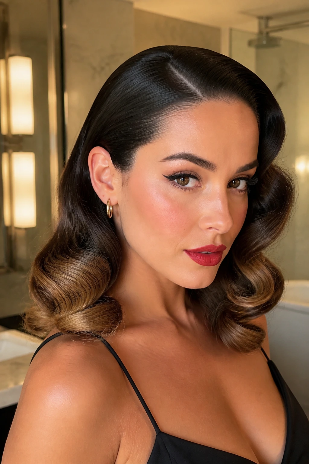 Real woman with sleek-rooted barrel curls and glossy ends