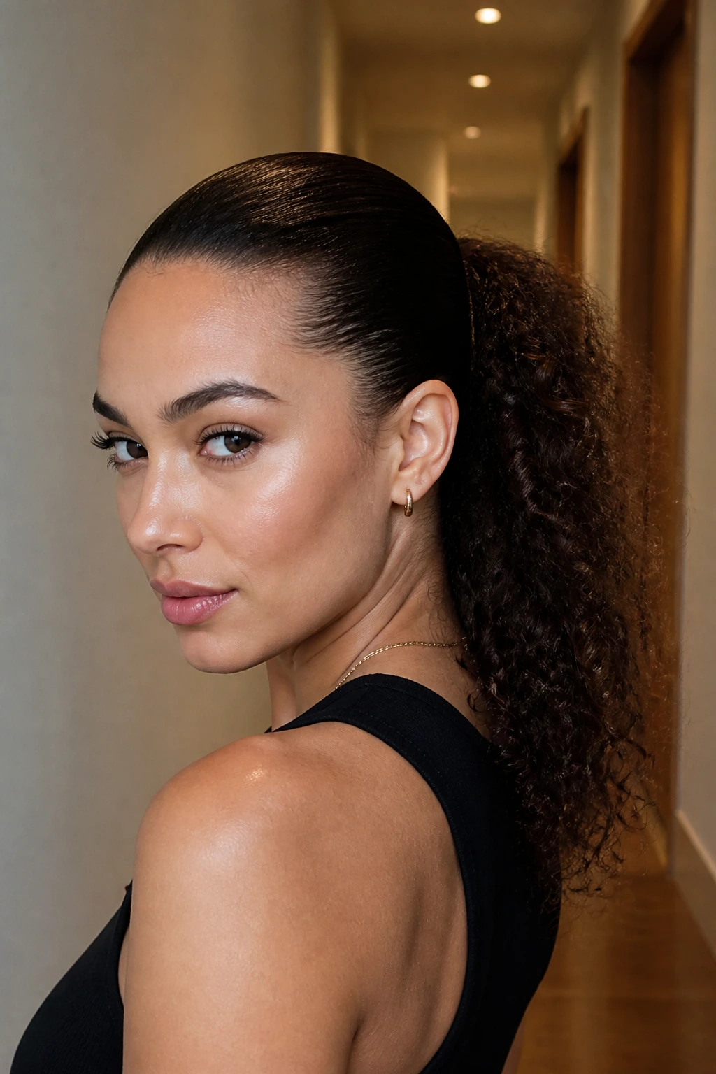 Close-up of a real woman with a contrast ponytail: sleek roots and curly length