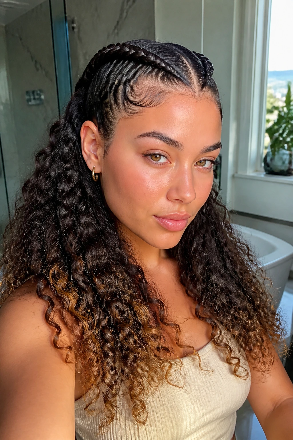 Close-up of a real person's hair transitioning from sleek roots to curly ends.