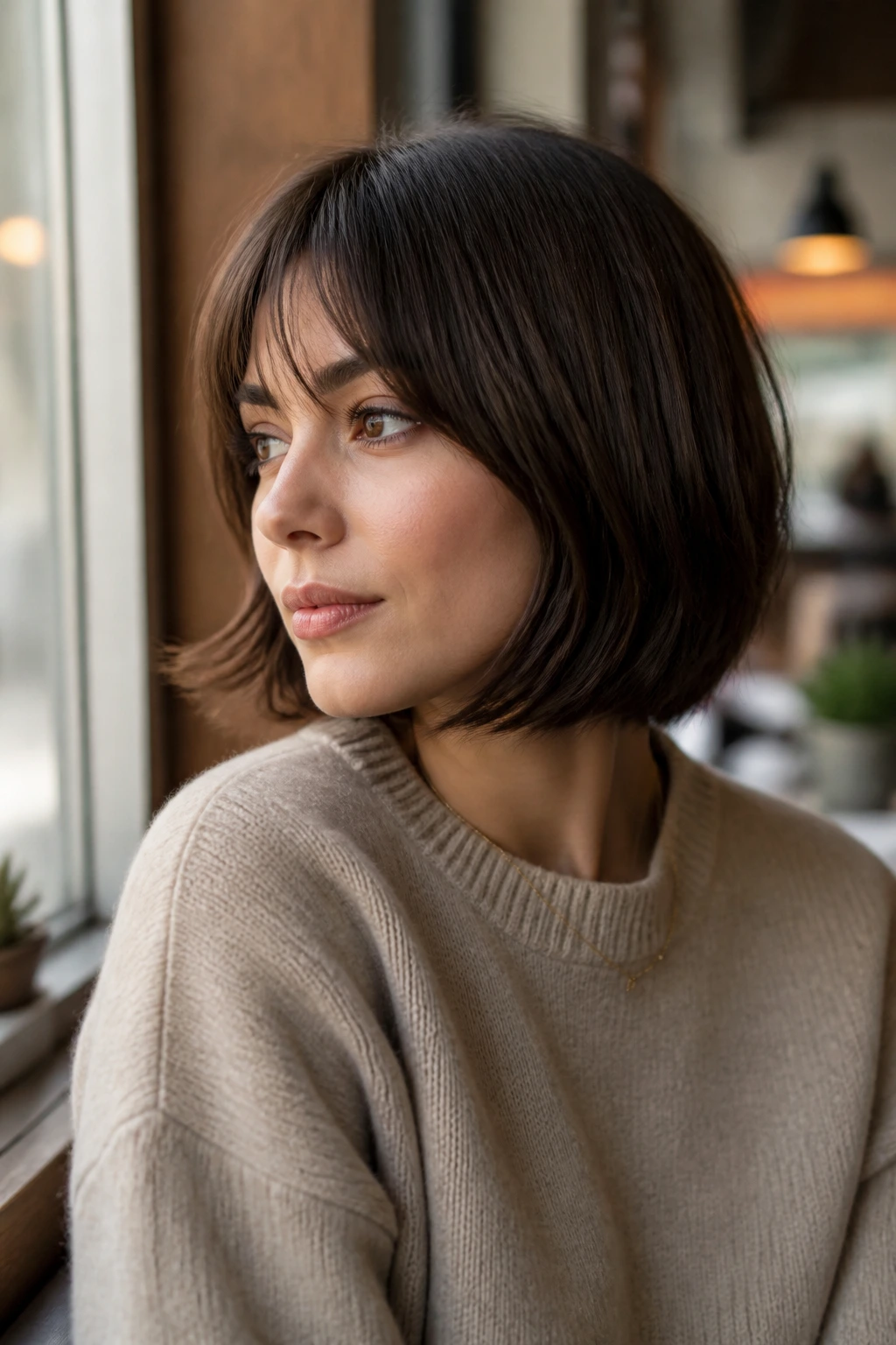 Close-up of a real woman with sleek-yet-shaggy bob in cafe window light