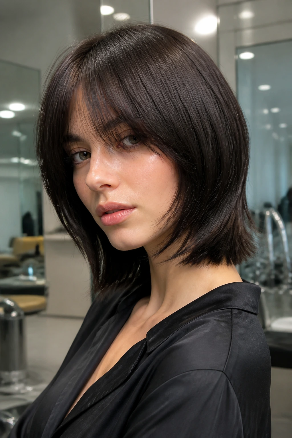 Close-up of a real person with sleek, glossy shag hairstyle.