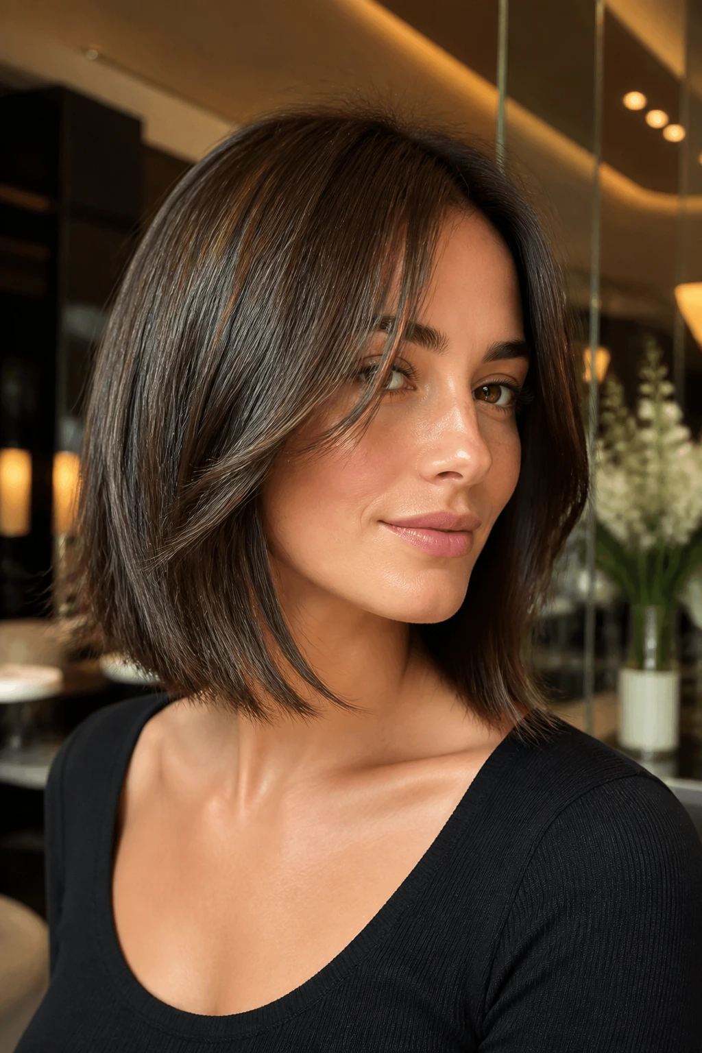 Real person with a sleek glossy lob and subtle front shaggy pieces