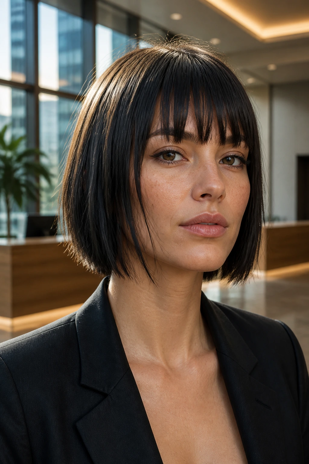 Close-up of a real person with sleek, shiny bob and shattered ends in a modern office setting.