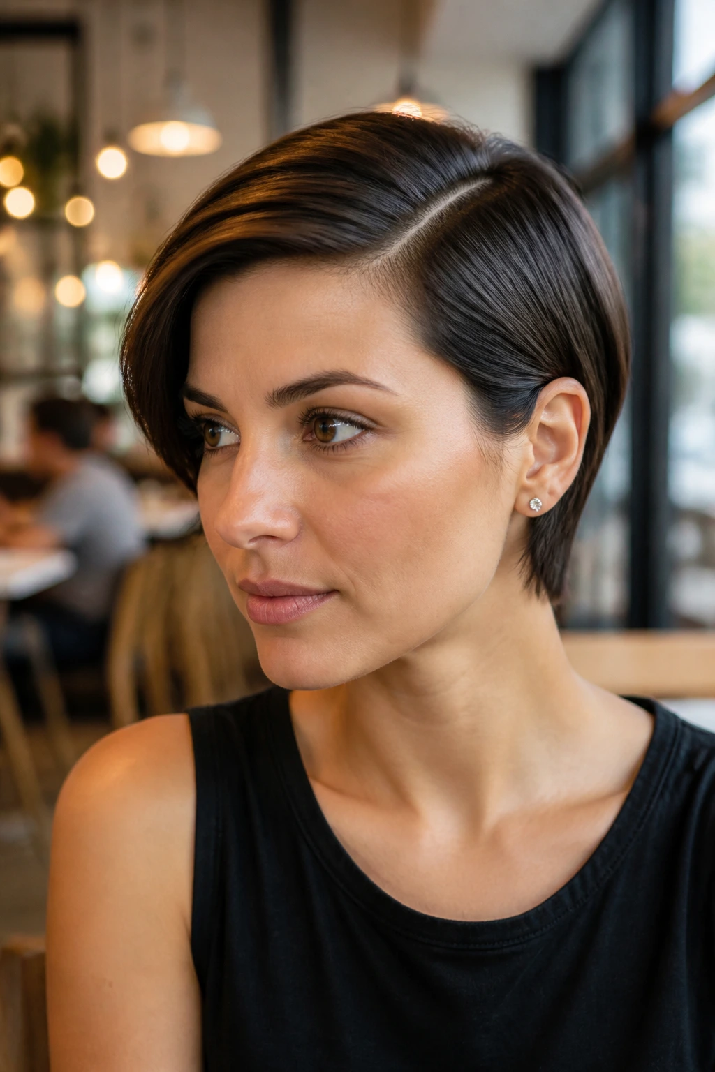 Close-up portrait of a real woman with sleek side-part crop hairstyle