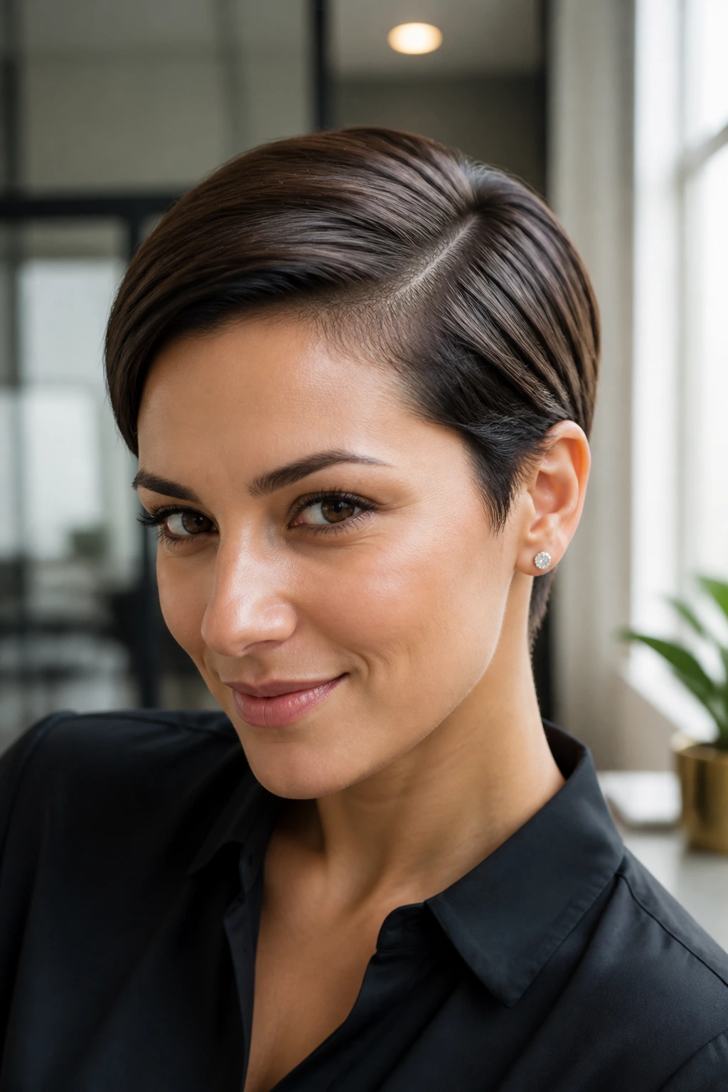 Portrait of a real woman wearing a sleek side-part pixie hairstyle