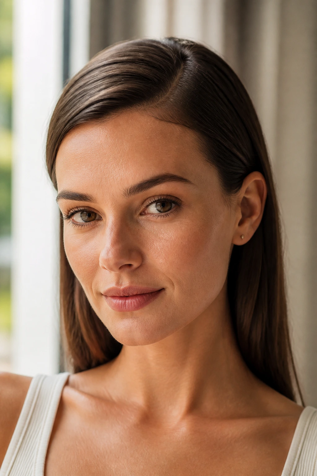Close-up of a woman with a deep side part tucked behind the ears.