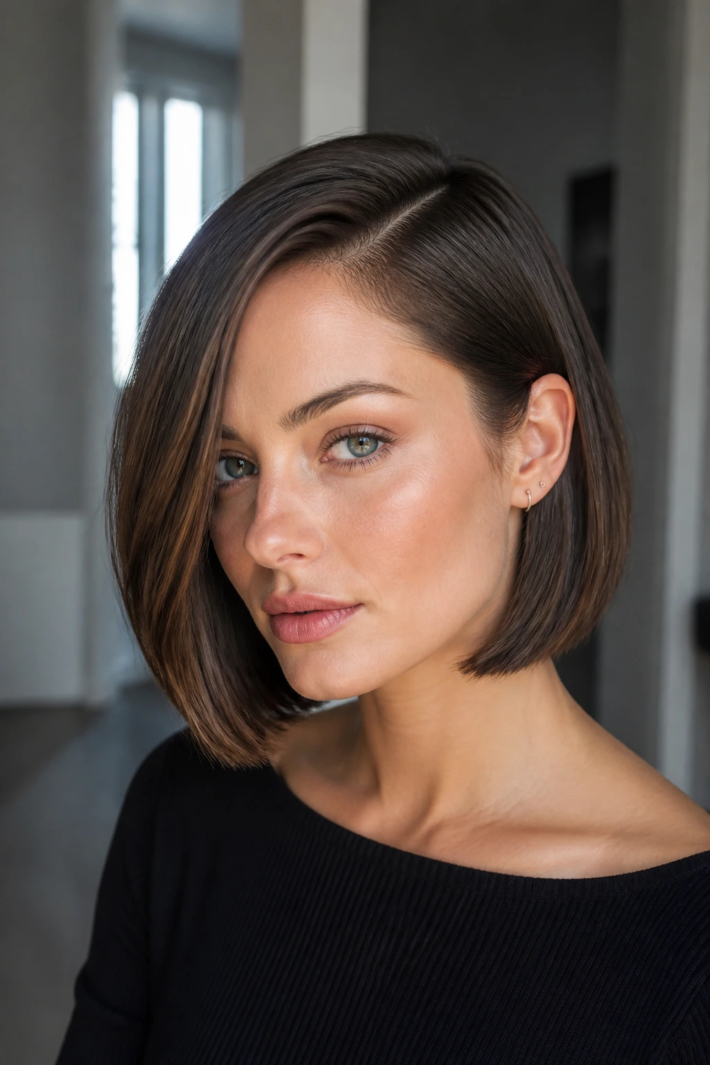Close-up of a real woman with a sleek side-parted bob in a modern interior