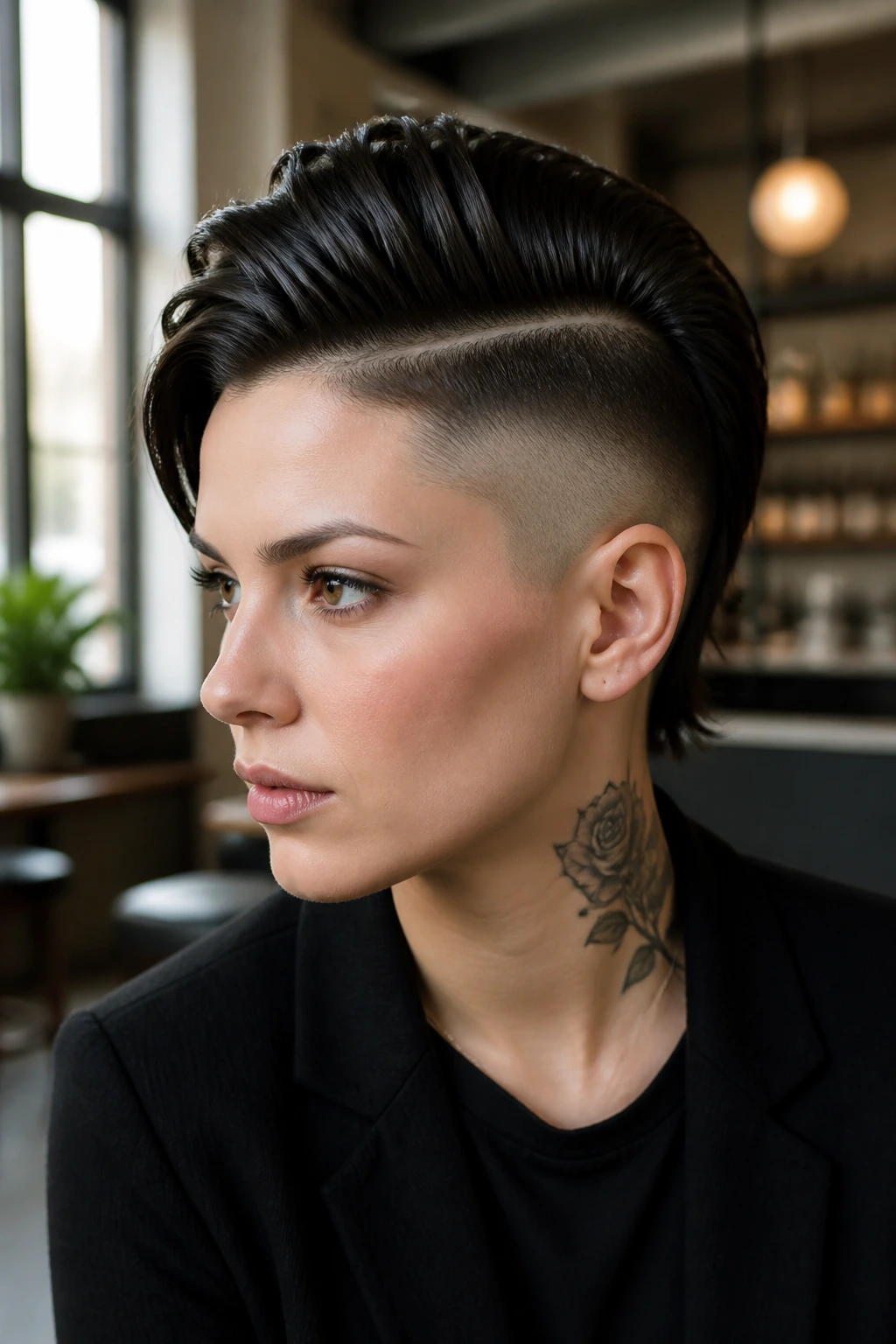 Close-up portrait of a real person with a sleek side-parted mohawk
