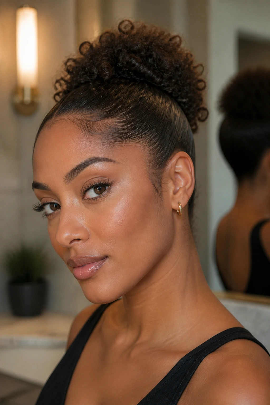 Close-up of a real woman with sleek-sided hair and curly-top ponytail