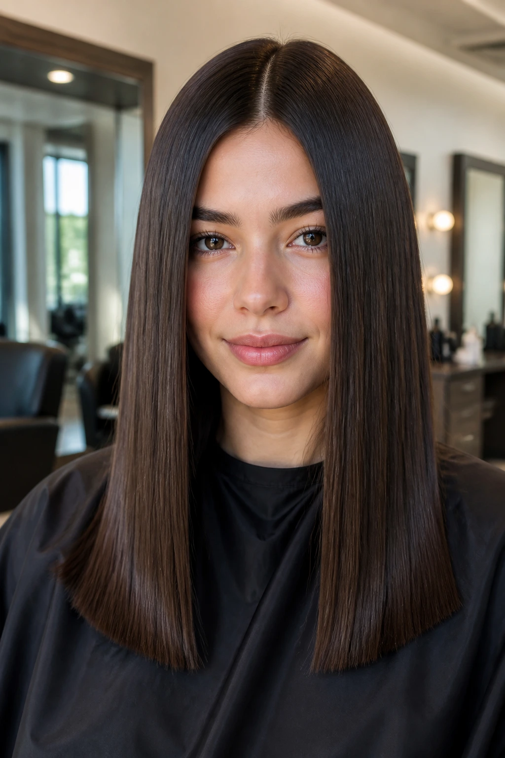 Close-up of a real woman with sleek straight hair and blunt ends