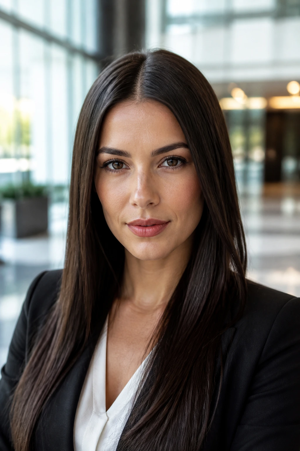 Close-up portrait of a person with sleek straight hair and centered middle part