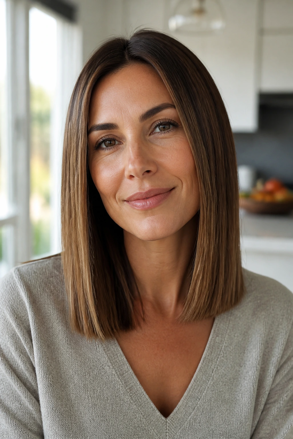 Close-up portrait of a real person with sleek straight hair and minimal layers