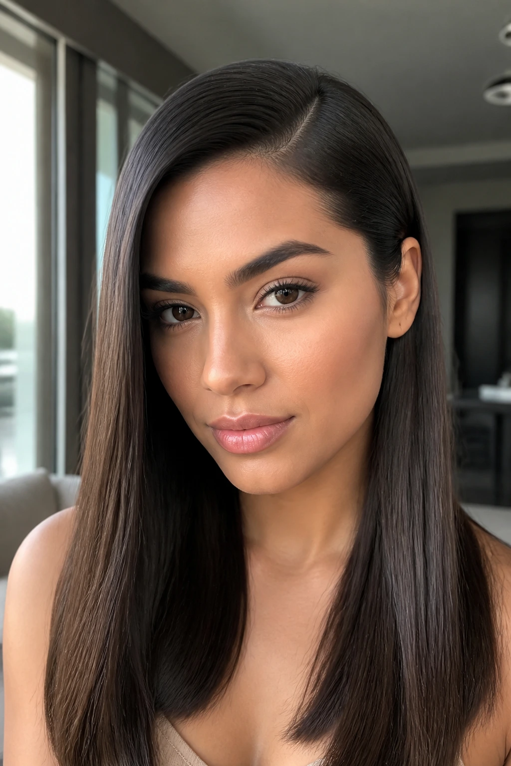 Portrait of a person with a sleek straight side-part hairstyle