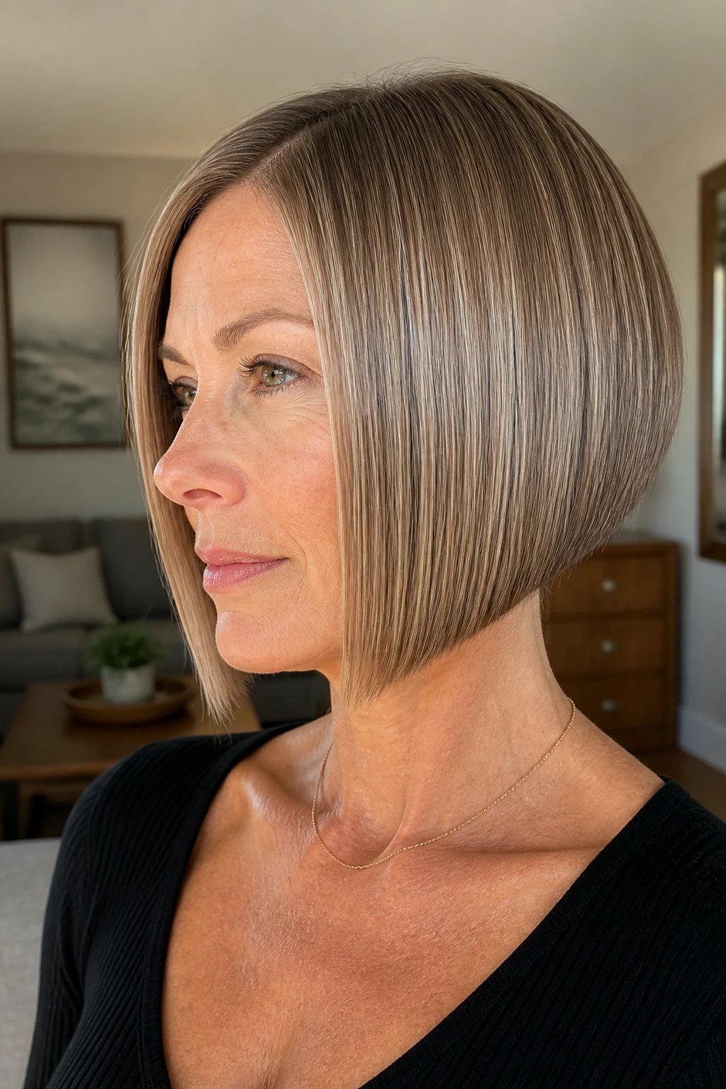 Close-up portrait of a woman with a sleek straight-edge stacked bob in natural window light