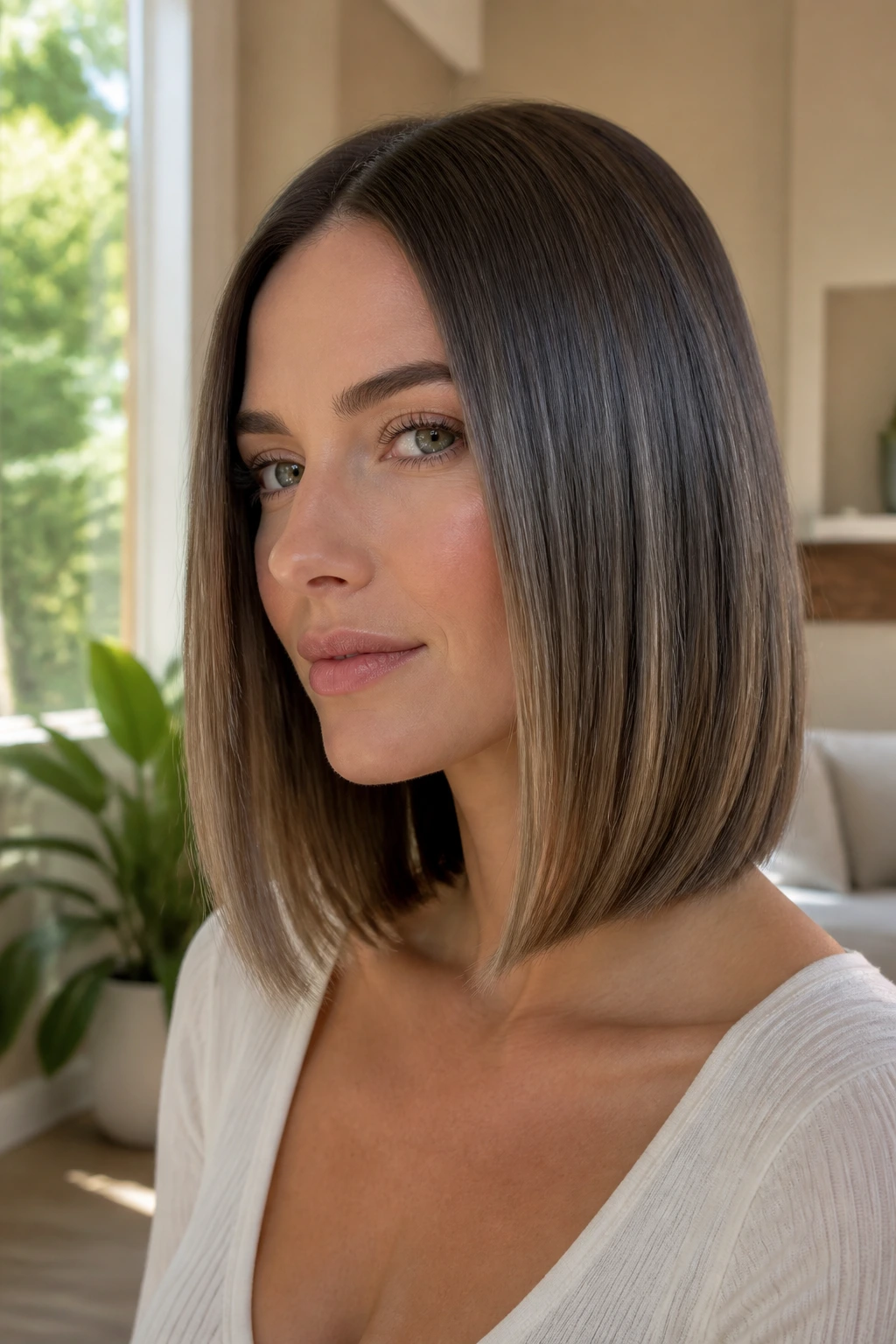 Close-up portrait of a woman with a sleek tapered lob, glossy straight hair and tapered ends, sunlit setting
