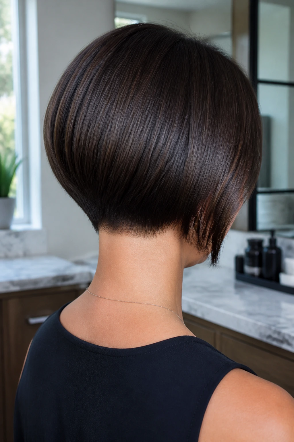 Back view of a real woman with a sleek tapered stack hairstyle