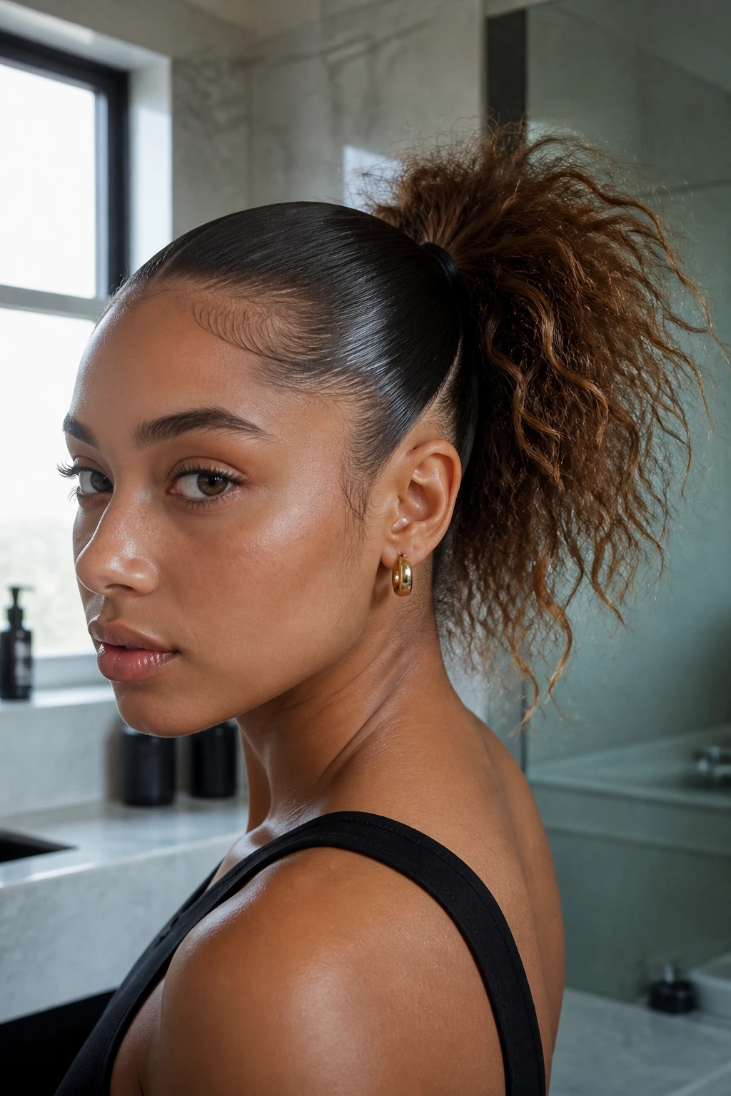 Close-up of roots slicked and smooth with frizzy ends on a real woman's micro ponies.
