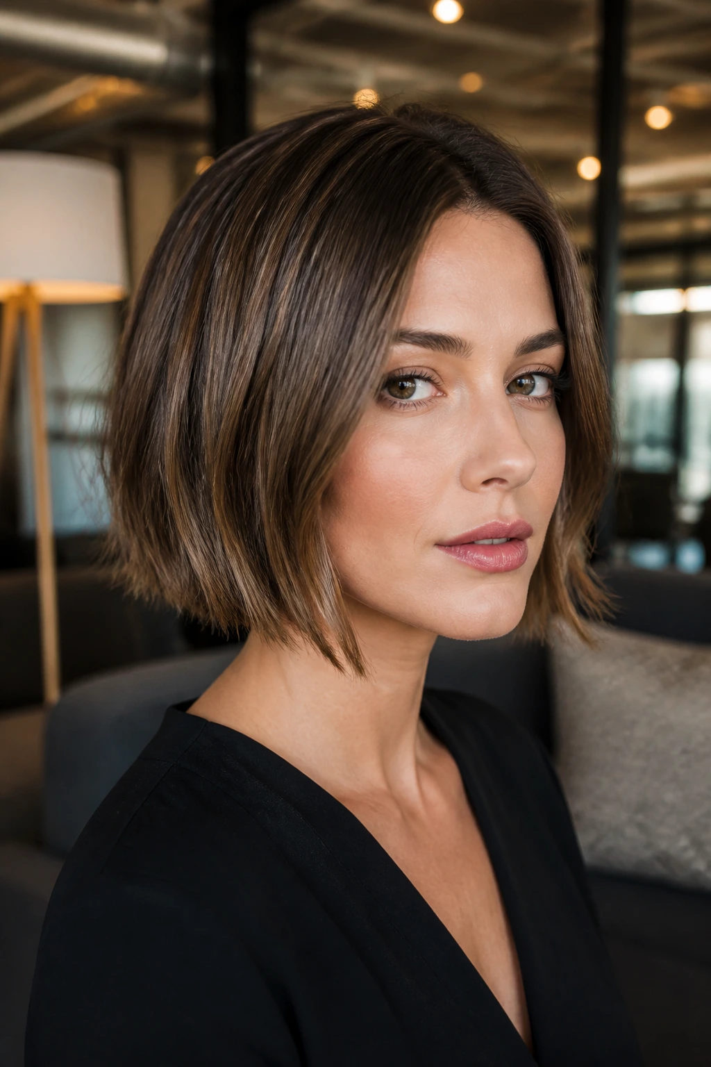 Close-up of a real woman with a sleek top and textured bottom bob.