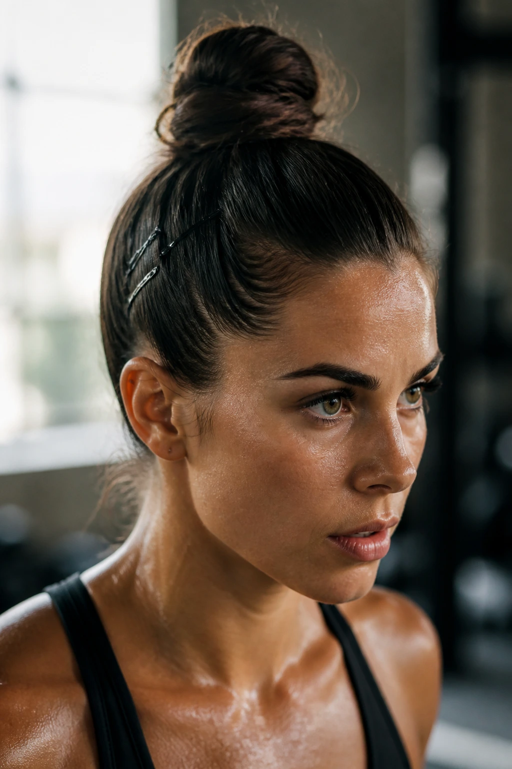 Close-up of a real athlete with a sleek top knot secured by Bobby pins