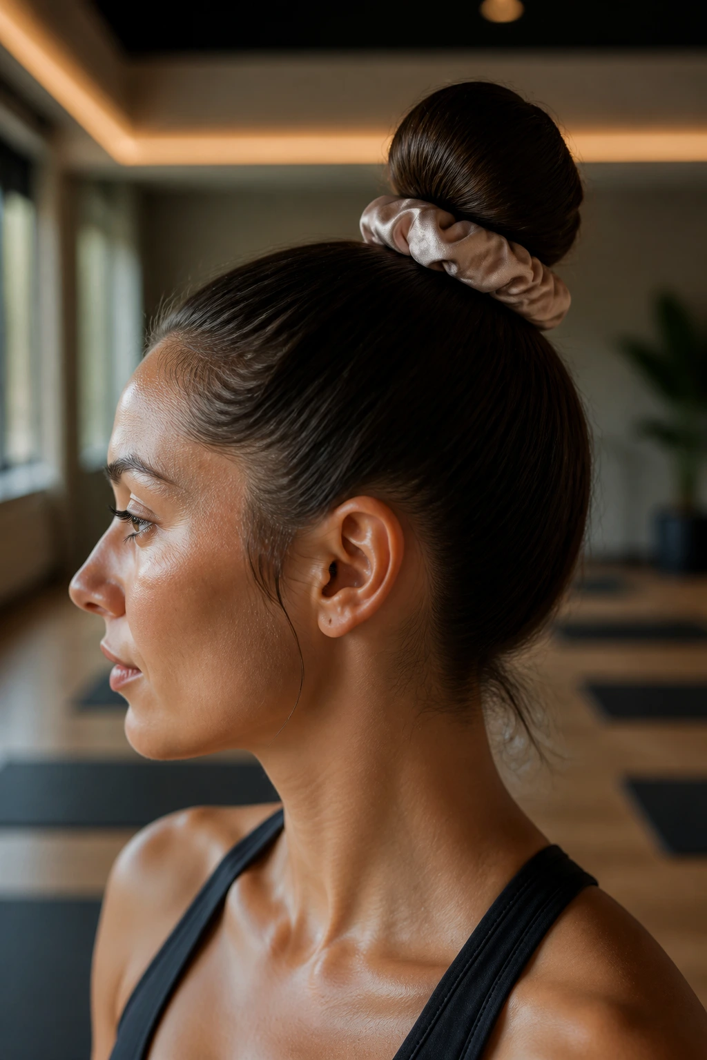 Side-profile of real woman with a sleek topknot and silk scrunchie in a yoga studio