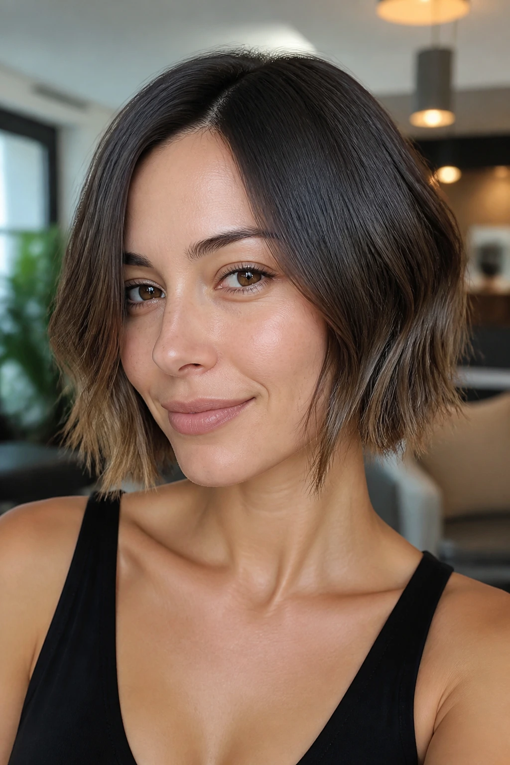 Real woman with a sleek-to-tousled bob transition, soft natural light