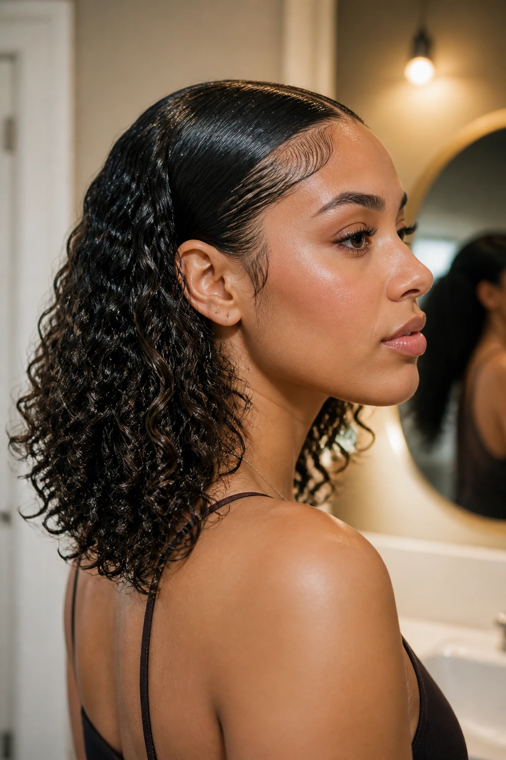 Close-up of a real woman with sleek roots transitioning to spirals