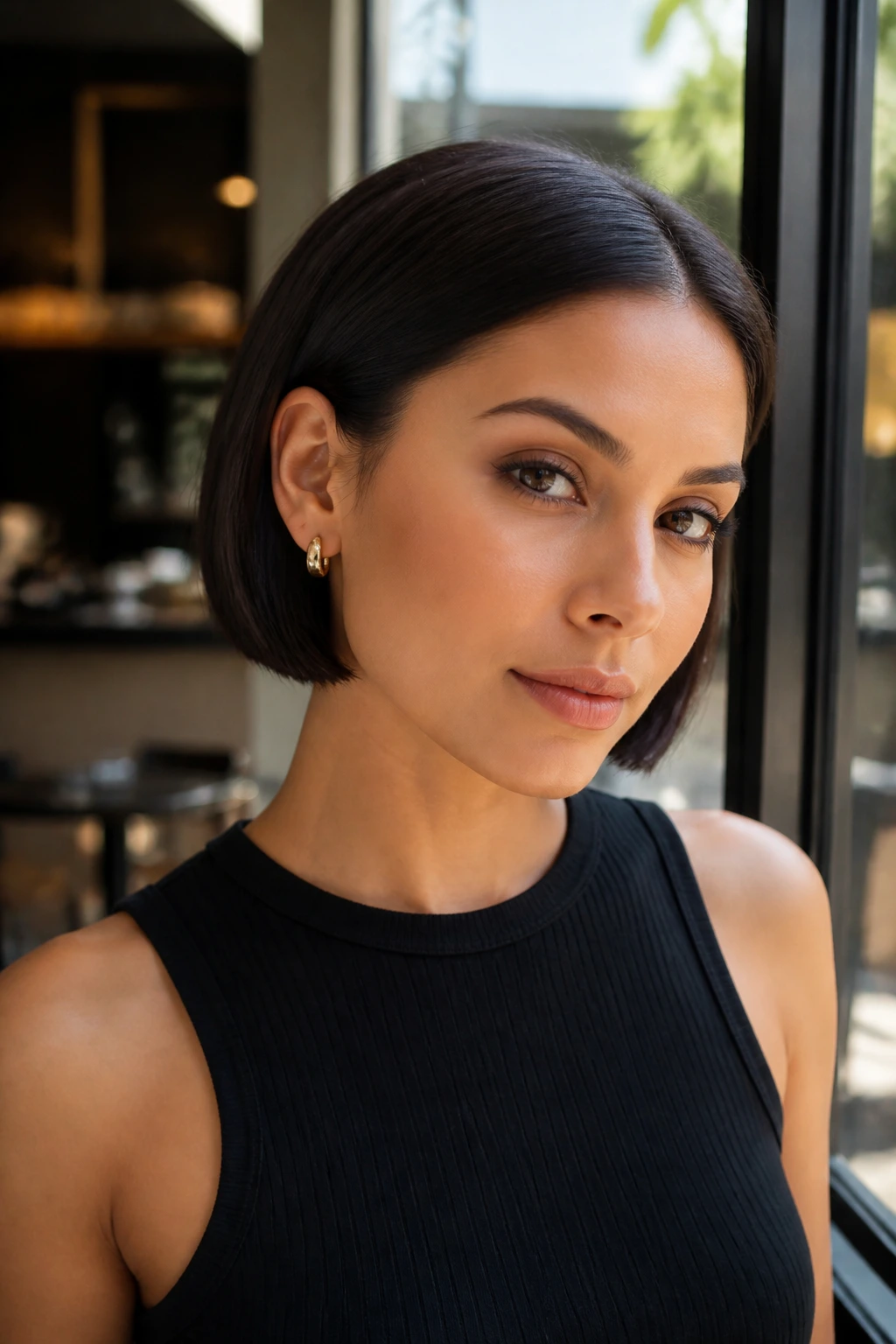 Close-up portrait of a real woman with a sleek jaw-length tucked bob in a cafe setting