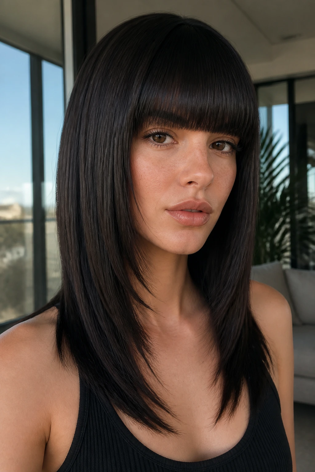 Real woman with sleek V-cut and blunt bangs in natural light