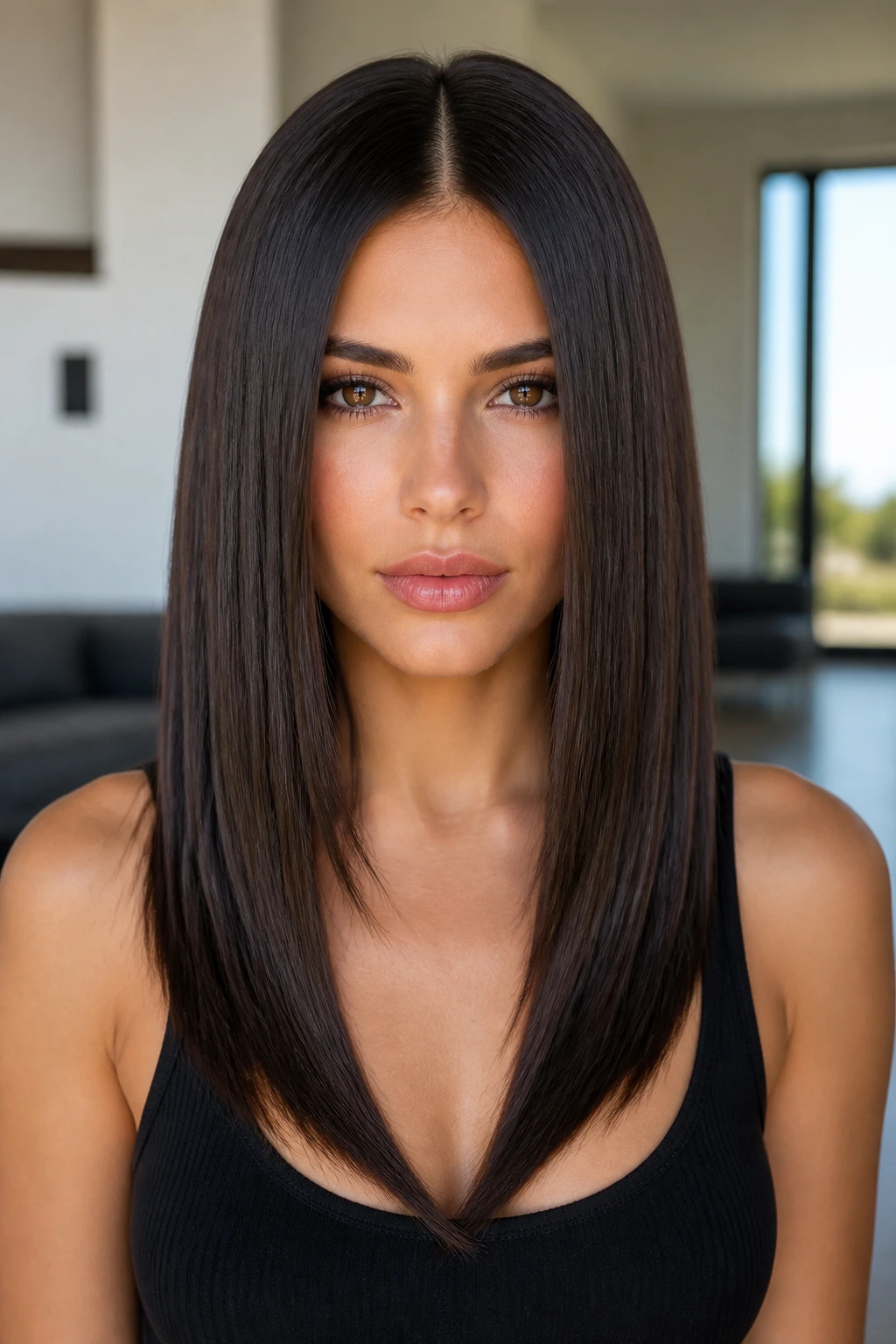 Close-up of a real woman with sleek V-cut and middle part in a bright modern interior