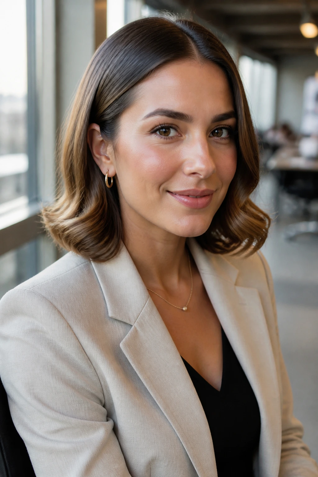 Close-up of a real woman showing a sleek-to-wave transition from smooth crown to curled bottom.