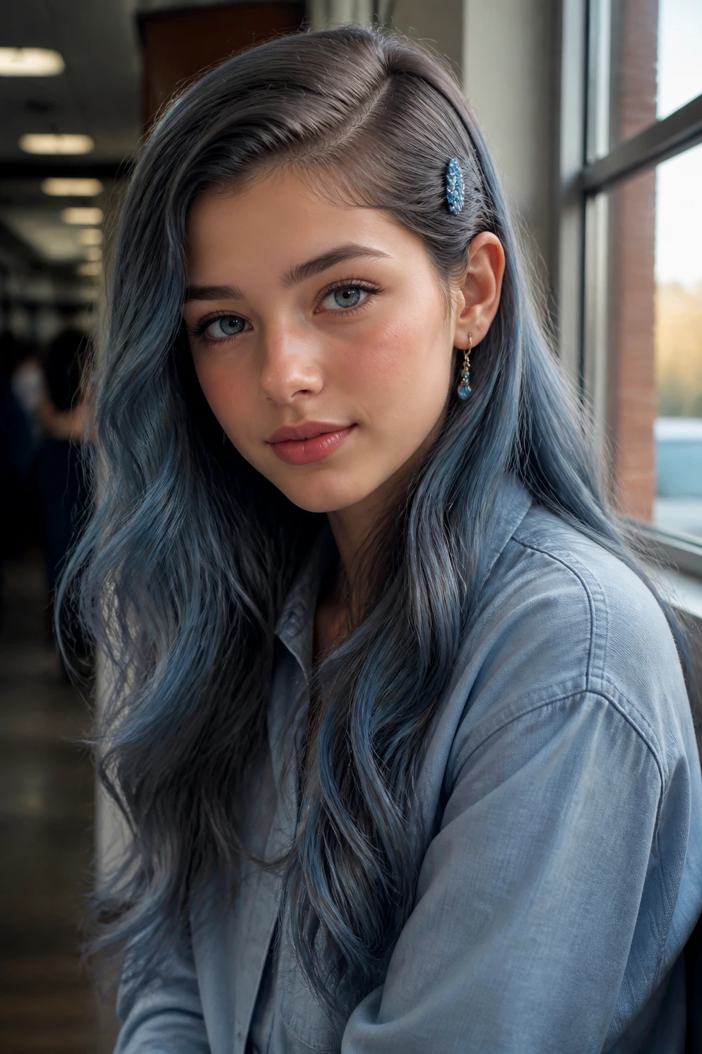 Close-up of a real person with side-parted sleek waves and a blue barrette in a school setting.