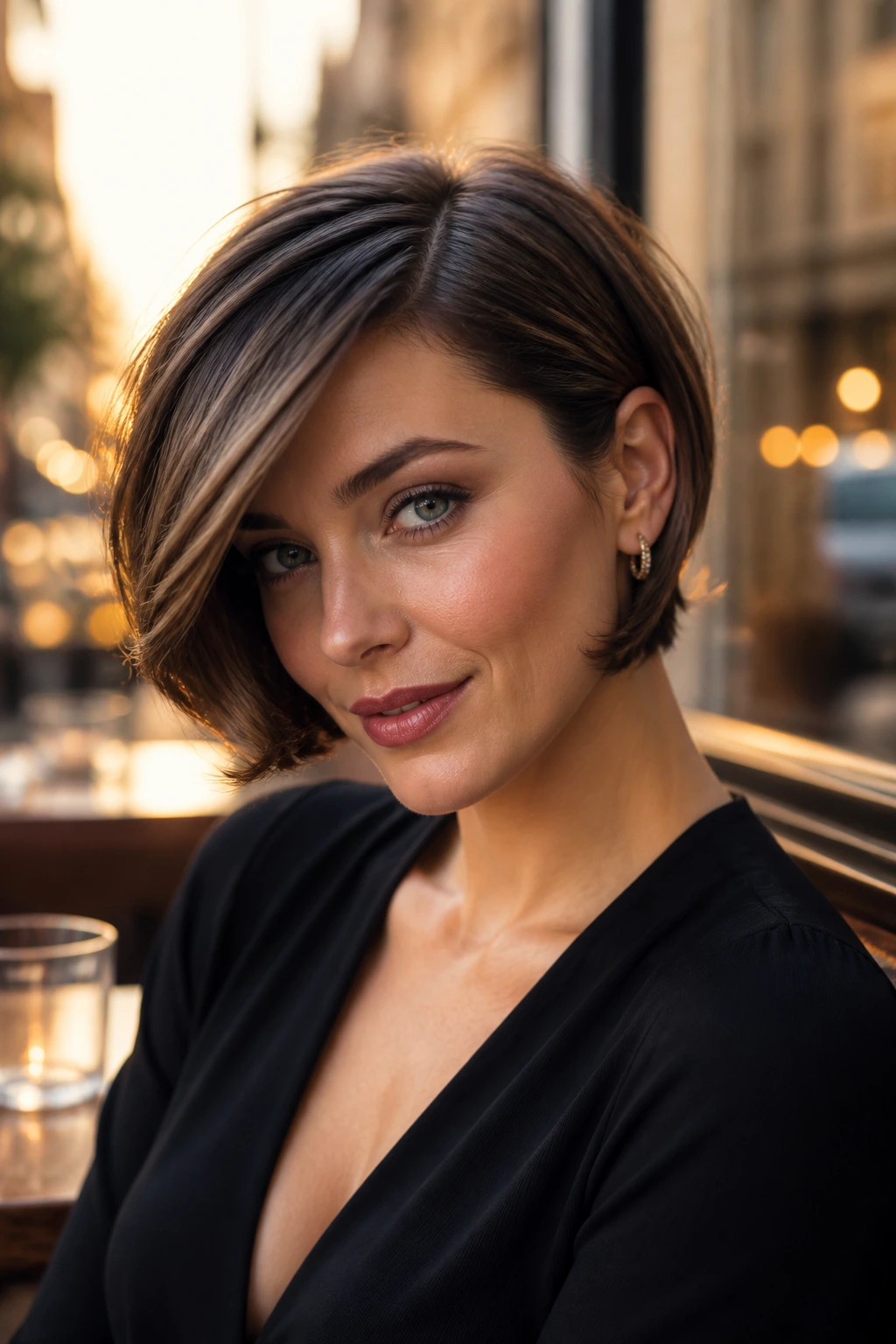 Portrait of a real woman wearing Sleek Side-Swept Classic Wedge with deep side part