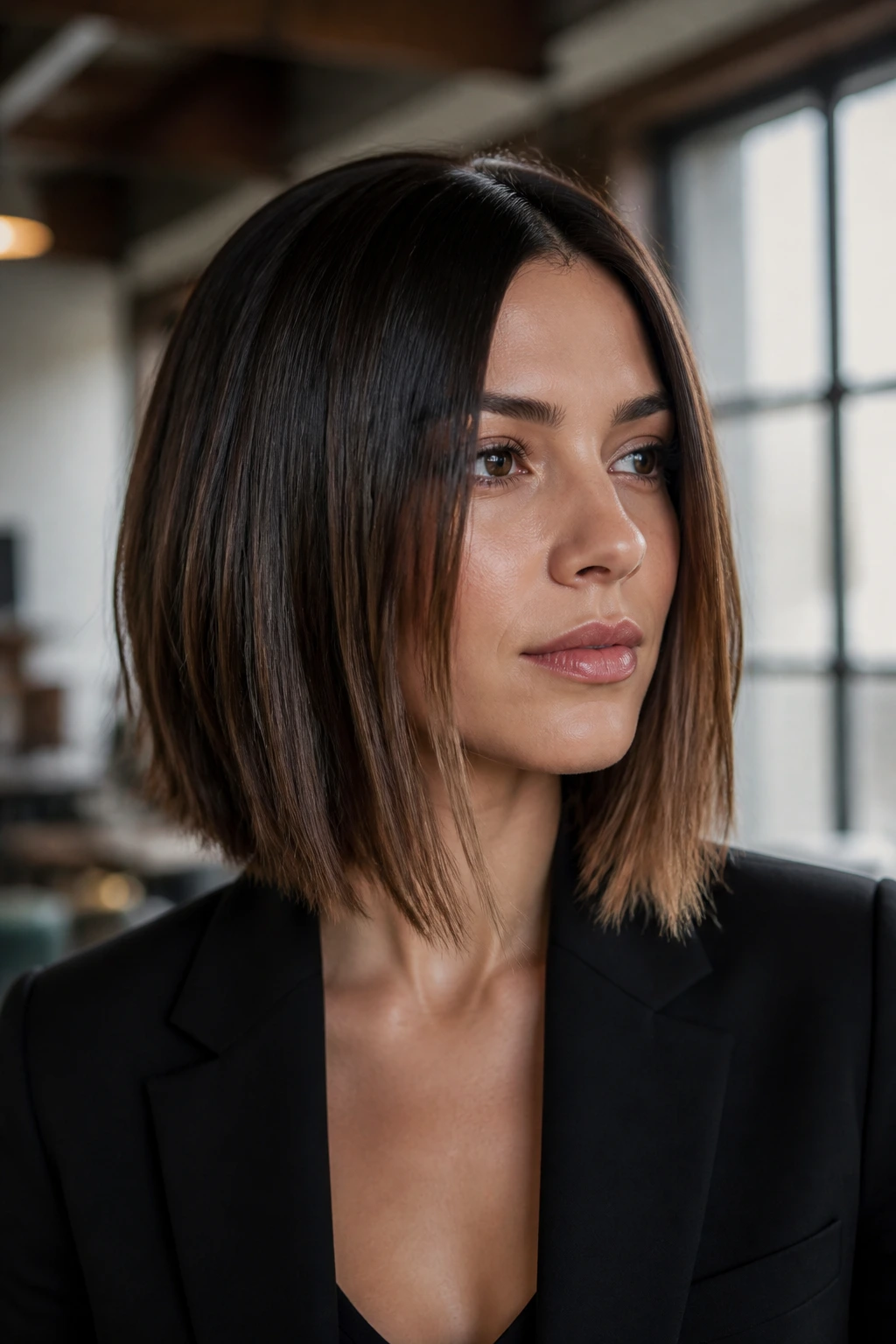 Close-up portrait of a person with a sleek, choppy long bob and glossy straight hair.