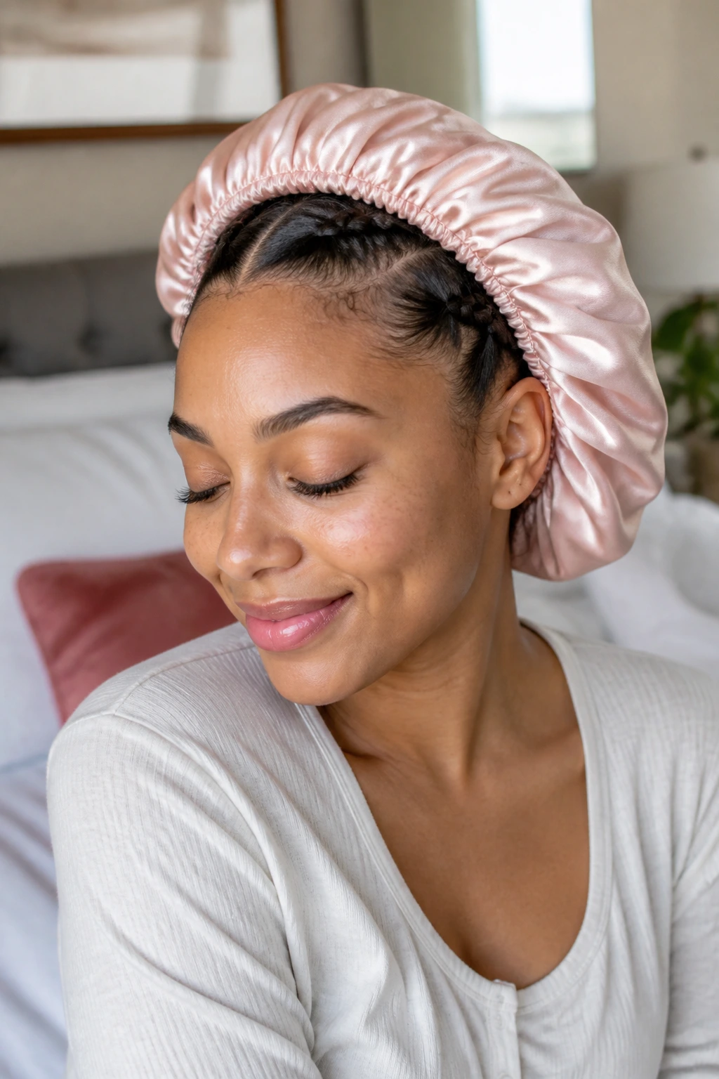 Real person with double Dutch braids under satin bonnet for sleep