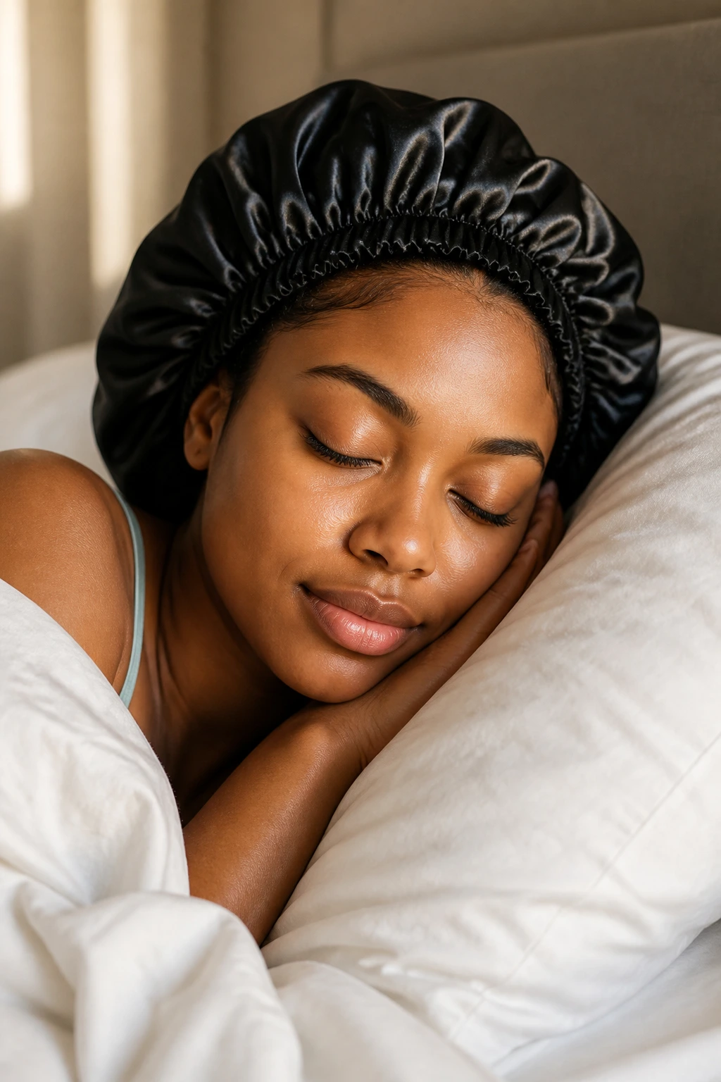 Portrait of a woman sleeping in a satin bonnet in a bedroom