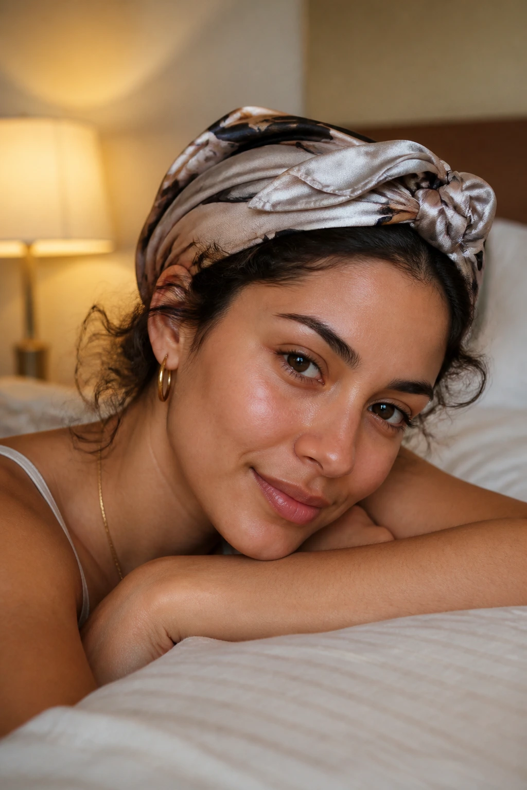Portrait of a woman with silk scarf protecting curls for overnight setting.