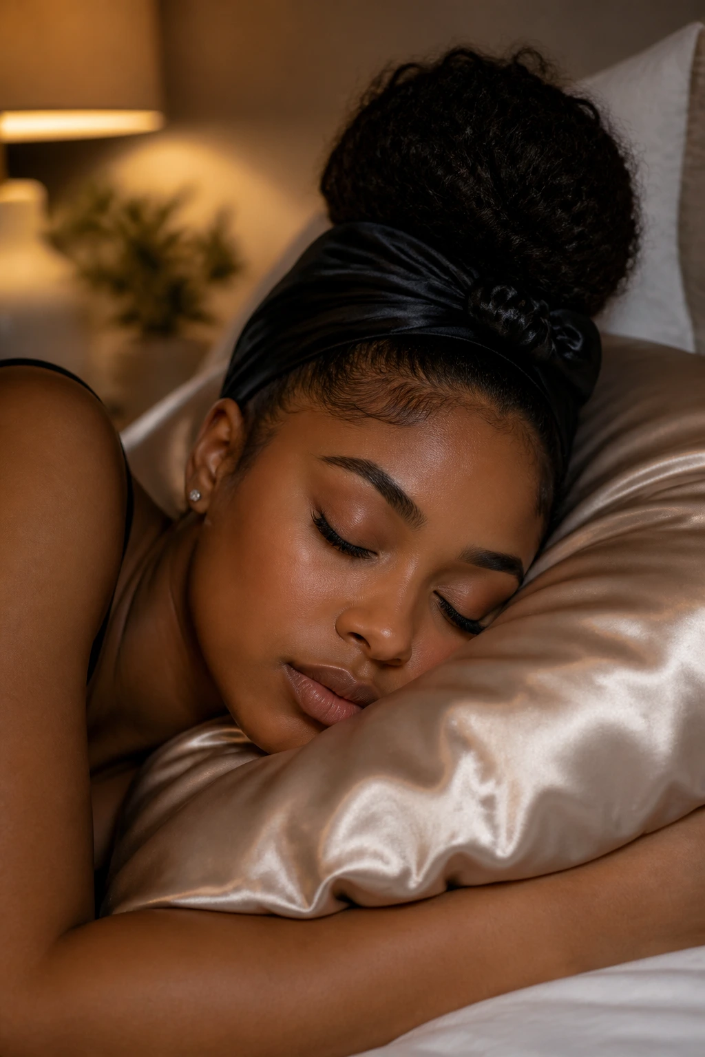 Sleeping person with silk pillowcase protecting hair