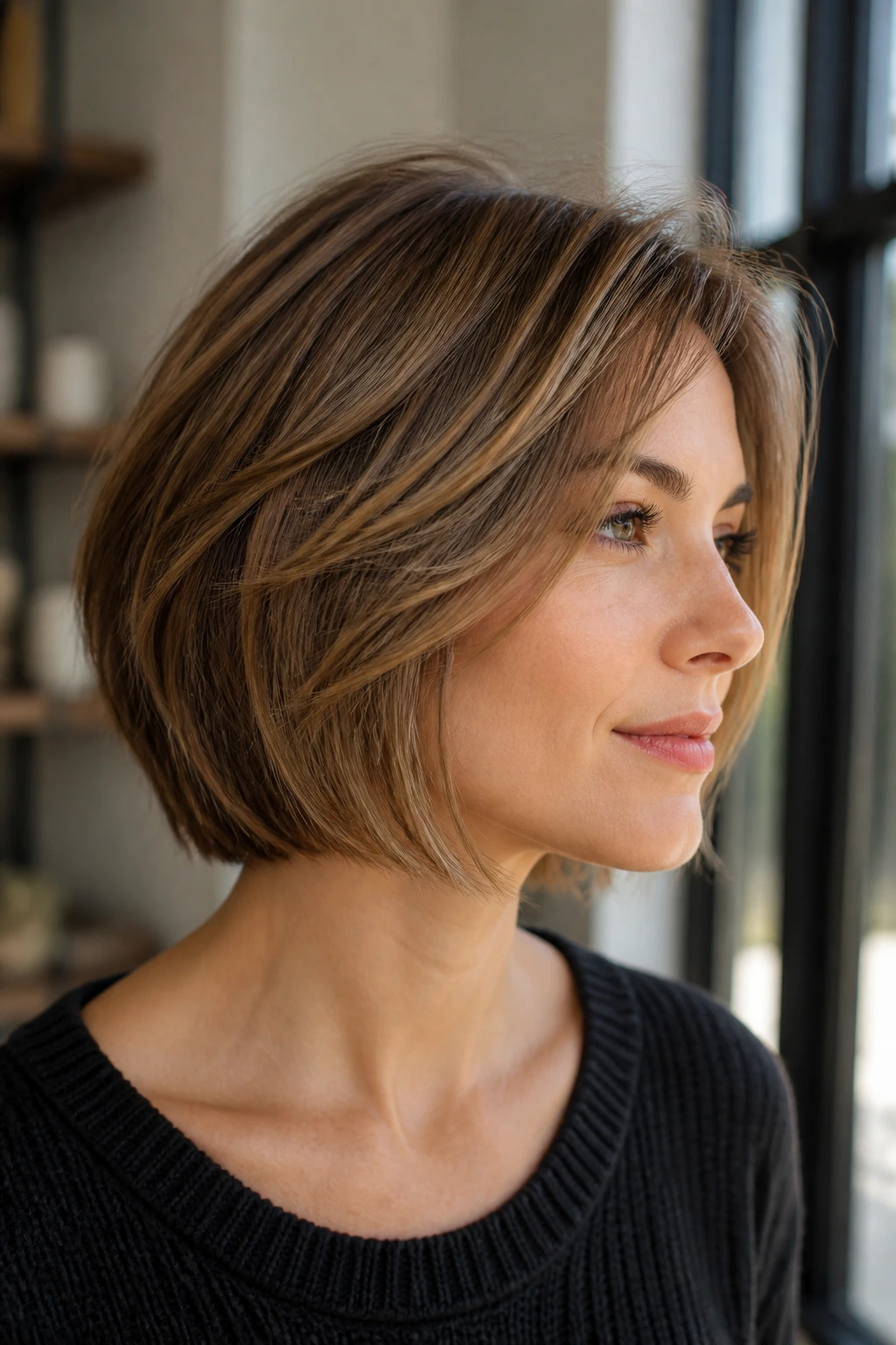 Real person with sliced layered bob for fine hair, showing lift and movement.