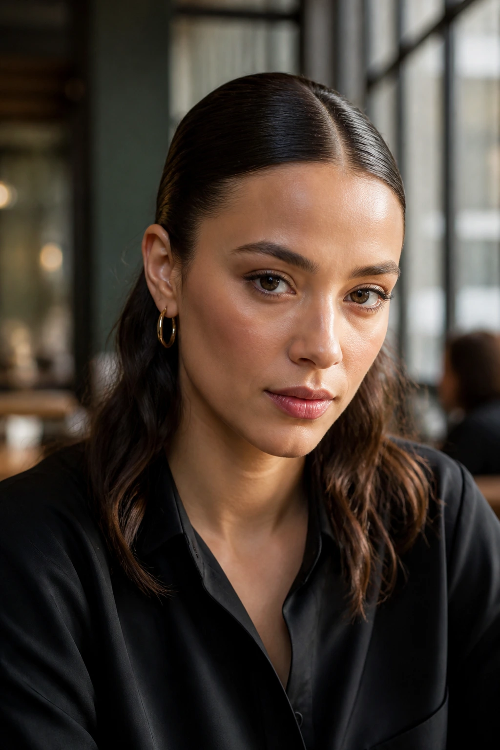 Portrait of a woman with a slicked-down top and natural, loose-ended hair at the bottom.