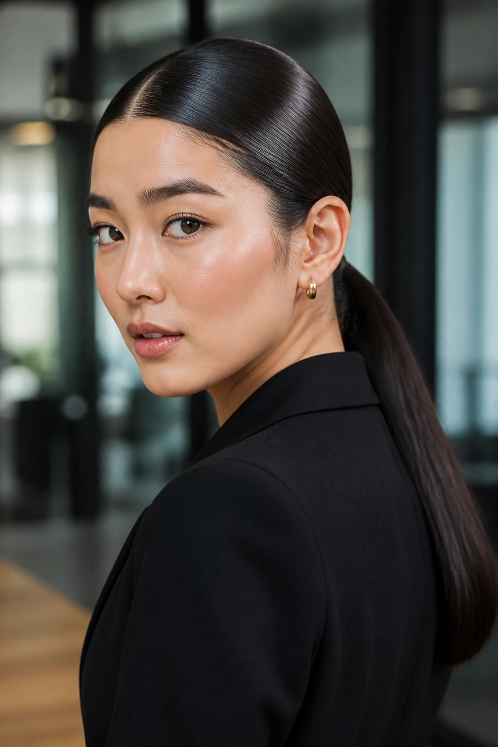 Close-up of real person with sleek smooth slick-back low ponytail