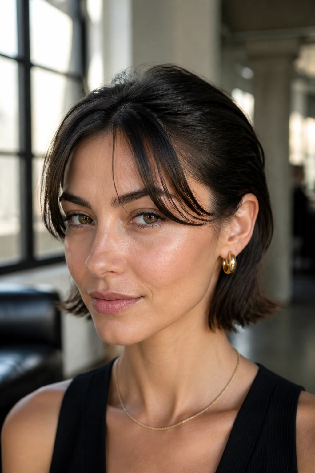 Close-up portrait of a woman with slicked-back sides and textured crown