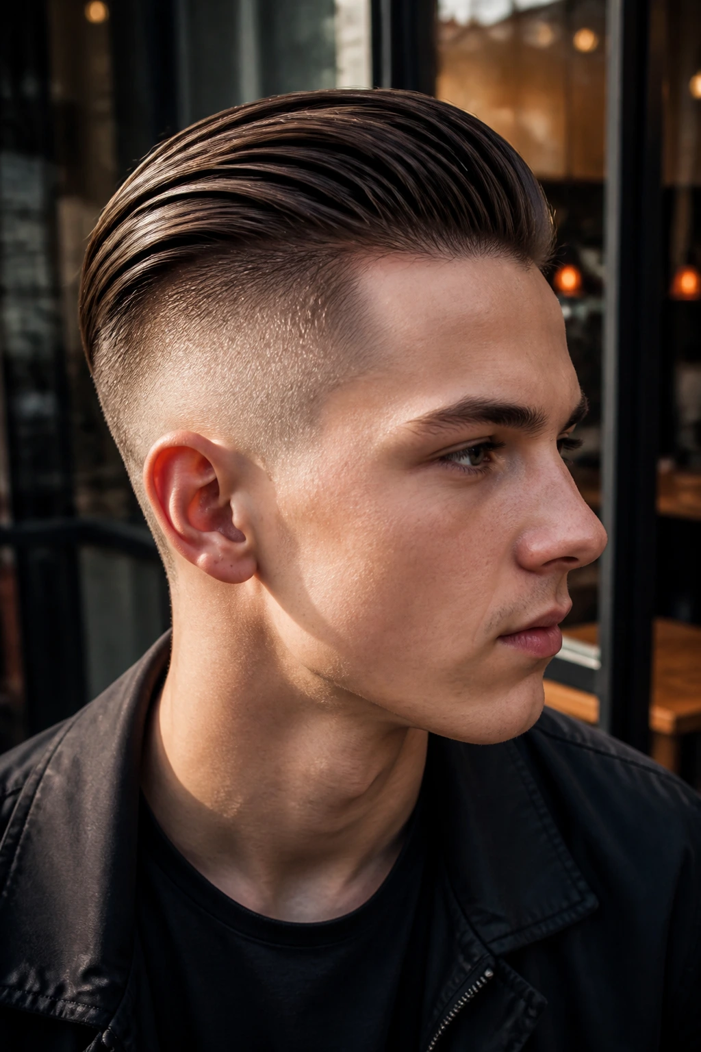 Teen boy with slick back undercut at cafe exterior