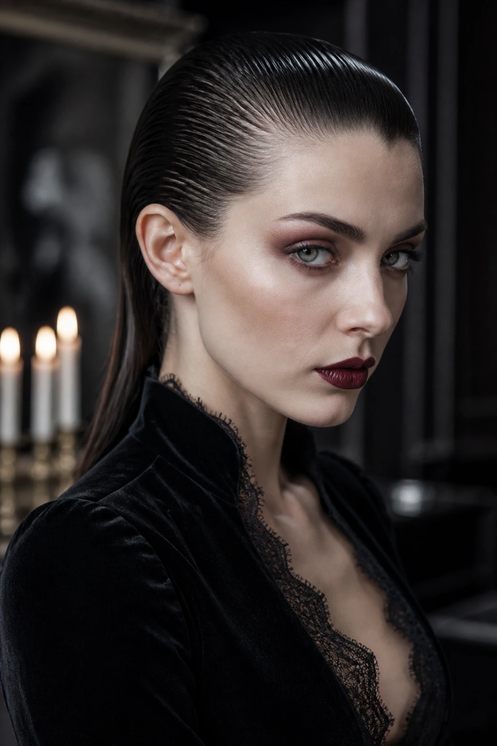 Real woman with sleek, slicked-back vampire hairstyle