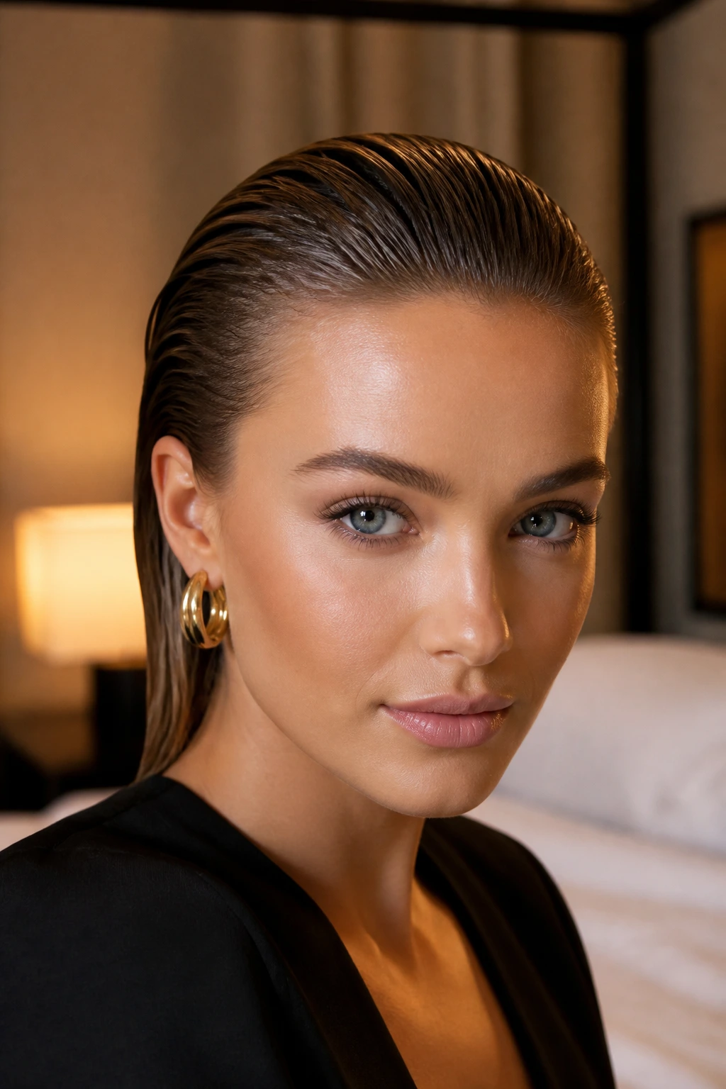 Close-up of a person with a slicked-back wet hairstyle.