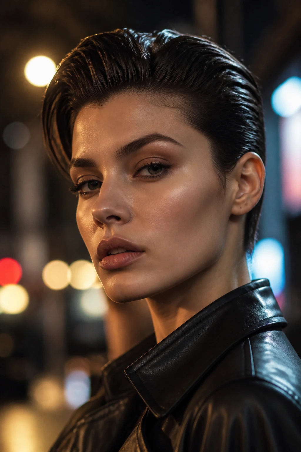 Portrait of a person with long bangs slicked back and high shine