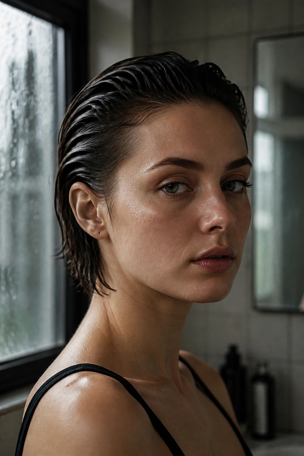 Close-up portrait of a woman with a glossy slicked-back wet-look bob, damp strands at the ears