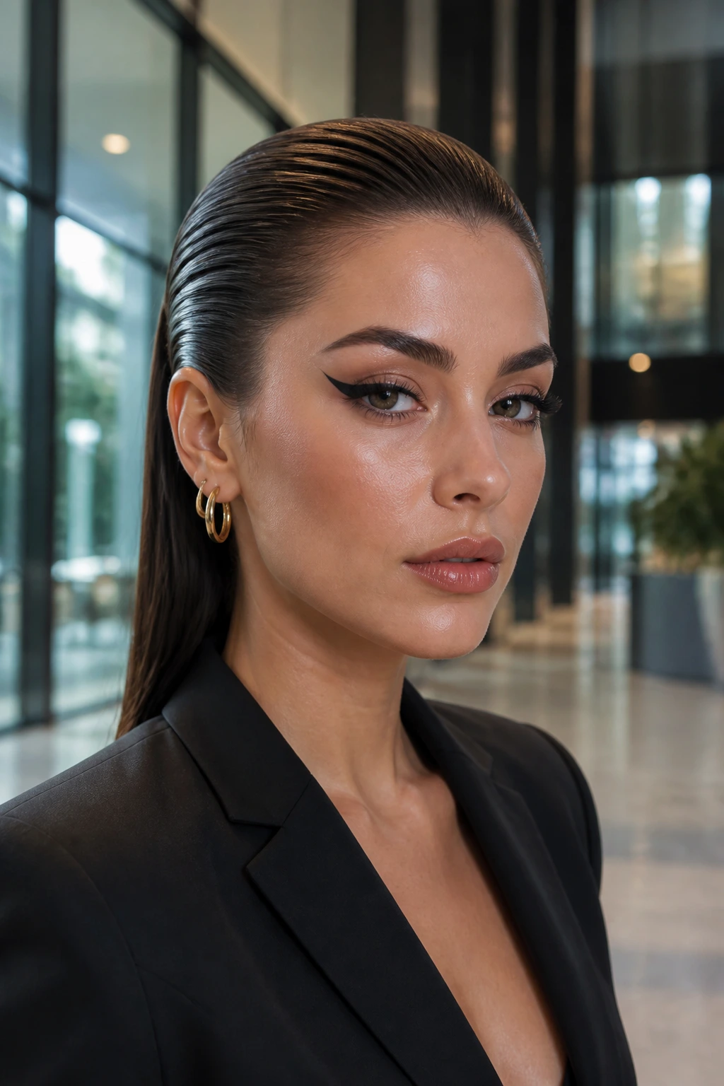 Portrait of a person with slicked-back boss look, office background