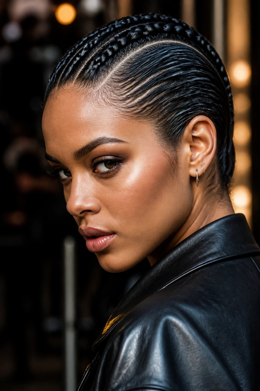 Portrait of a real person with a slicked-back braid mohawk