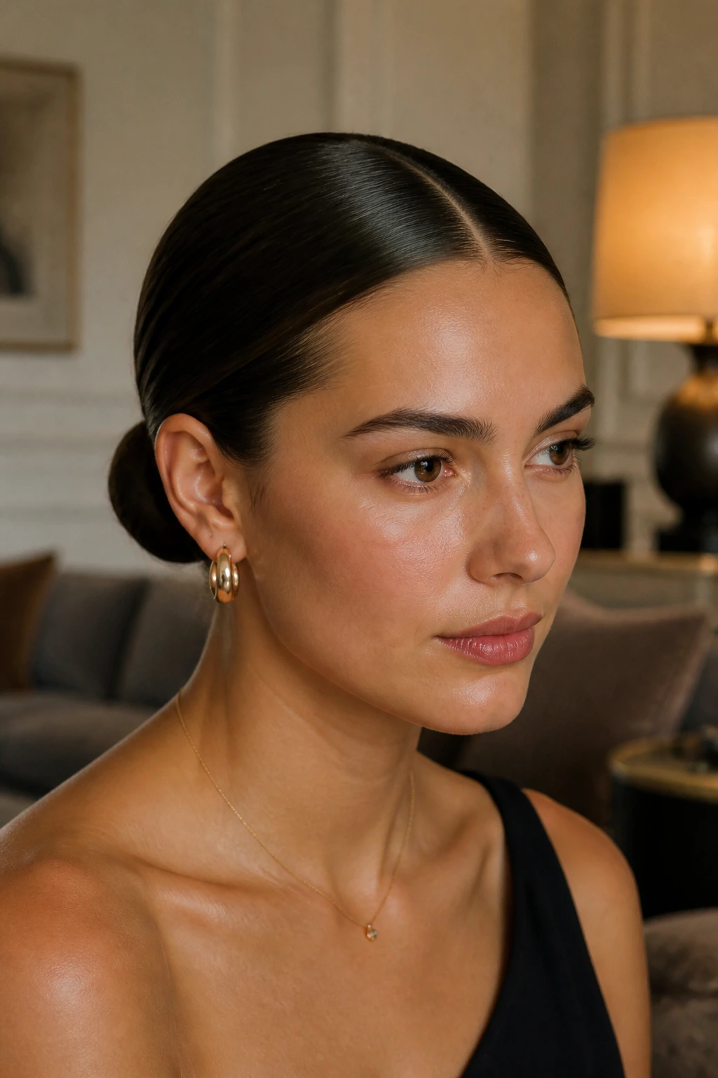 Portrait of a person with a center-part slicked-back low bun