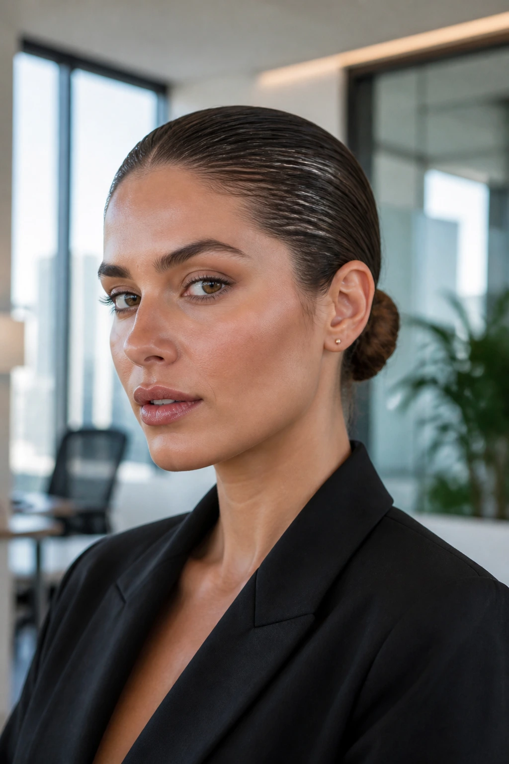 Close-up of a real person with a glossy slicked-back low bun in a contemporary office